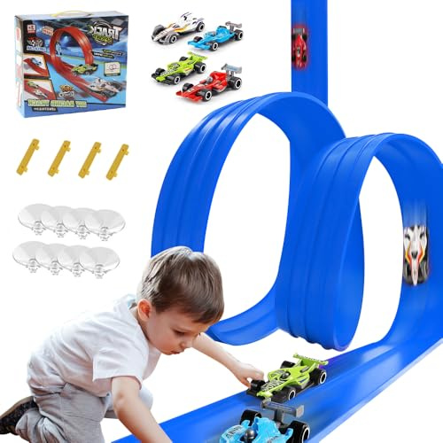 Nzkeuf Car Track 5m, Flexible Car Track Set with 4 Race Cars, Speed Track for Toy cars, Flexible Track, Battery-Free Loop & Ramp Play, Ideal for Hot Wheels & Gifts for 3 4 5 6 7 8 Year Kids (Blue)