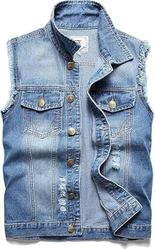Ginsiom Men's Denim Vest,Sleeveless Jacket Slim Fit Vintage Casual Ripped Summer Jean Vest for Men