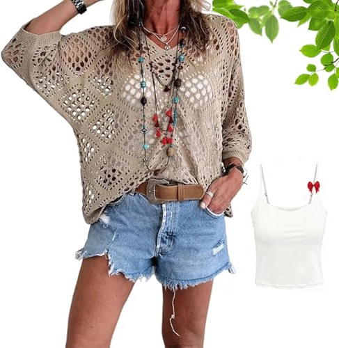 Top de Ganchillo Beige para Mujer Estilo Bohemio – Camisola de Punto Calado con Escote en V – Jersey de Verano Ligero y Suelto (B,S)