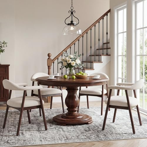 MALOL Lot de 4 chaises de Salle à Manger avec accoudoirs, Chaise rembourrée en Tissu Dossier incurvé et Pieds en Bois, Style Moderne des années 50 pour Cuisine et Salle à Manger, Beige