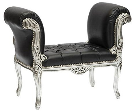 Way Home Store - Divanetto panchetta barocco stile francese Luigi XVI colorazione foglia argento ed ecopelle nero capitonnè - Dimensioni : 90x45x70 CM
