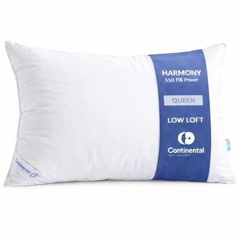 Continental Bedding Harmony White Goose Down Pillow 550 Fill Power Soft Loft 100% Cotton 300 Thread Count Shell Queen Size 1 Pack Made in USA