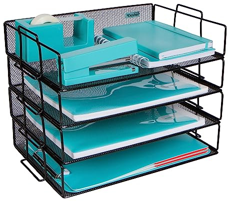 Dasher Products Stackable Paper Tray Desk Organizer 4 Tier Metal Mesh Letter Organizers for Business. Organize Files, Folders, Letters, Paper, Binders