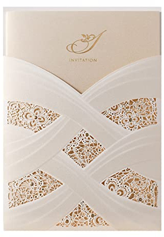 Hosmsua 20x Biglietti per inviti di nozze con tasca tagliata a laser, Set elegante per fidanzamento e matrimonio, disegno floreale, con eleganti sigilli per buste, bianchi, 20 pezzi