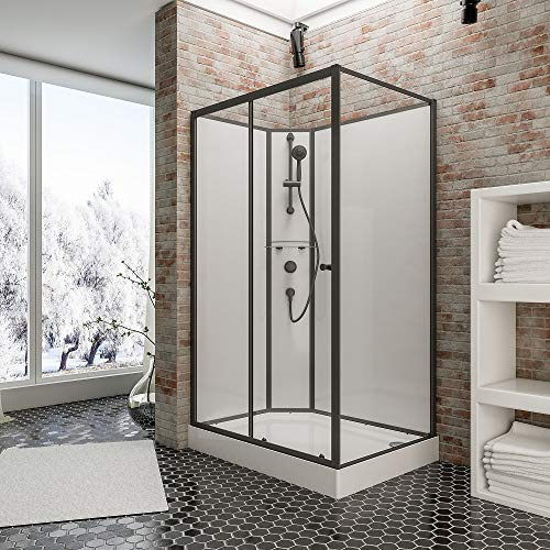 Schulte cabine de douche complète 120 x 80 x 204 cm (bac de douche inclus), profilé noir avec receveur et robinetterie, porte coulissante avec ouverture vers la gauche, verre de sécurité
