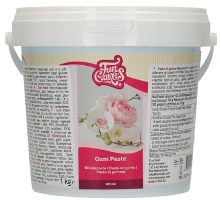 FunCakes Gum Paste Blanc: Parfait pour les fleurs en sucre, les volants et plus encore. Étalé finement, sèche rapidement, soyeux, élastique, de bonne résistance, halal, casher et sans gluten. 1 kg.