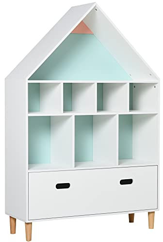 HOMCOM Kids Wooden Bookshelf Chest and Toy Storage Unit w/Drawer, Children's Bookcase Organizer Cabinet Blue/Pink