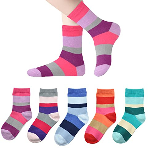 Marchare Girls Seamless Crew Cotton Socks Kids Casual Socks School Socks Rainbow Stripes Color B 5 Pack 3-5 Years