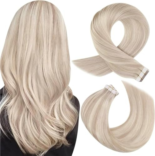 Moresoo Tape in Hair Extensions Human Hair Ash Blonde Highlight 14 Inch 40G | Ultra Thin, Adds Volume to Fine Hair, Adds Dimension, For Women, Long Lasting Hold, For Wedding, Easy to Apply, Adds Length