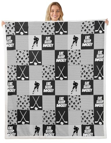 Ice Hockey Plush Bed Blanket For Boys Throw 50X60 Black White Grey Winter Sports Sherpa Blanket Kids Teen Room Decor,Hockey Pucks Player Throw Blanket Geometric Checkered Stripes Fleece Blanket