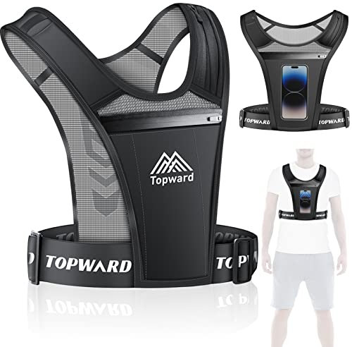Topward Laufweste Handyhalterung für Herren und Damen, wasserdichte Handy- und Schlüsseltasche, reflektierende Trinkweste, atmungsaktive Netztaschen – verstellbarer Bund, Schwarz-1