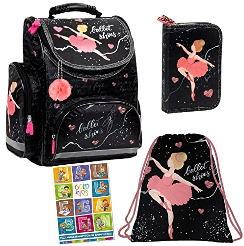 Goldkids Ballerina Tänzerin Schulranzen 4er Set Ranzen Tornister Federmappe Federmäppchen Turnbeutel Turnsack Aufgabenheft für die Grundschule