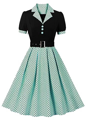 Wellwits Femmes Noir Corset Boutons Pois Plissés Travail Bureau Formel Cocktail Soirée Années 1950 Vintage Costume Robe
