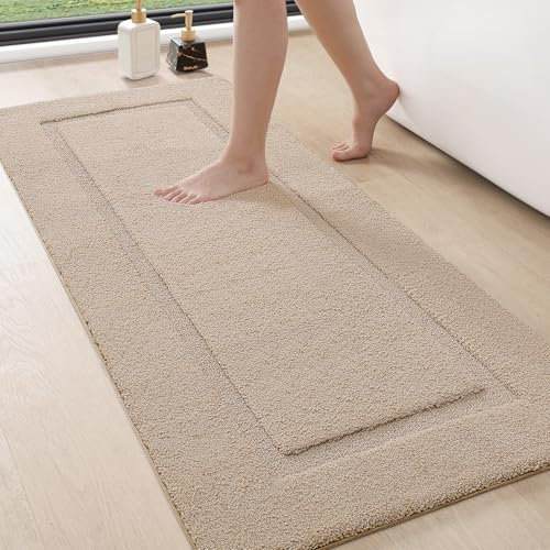 DEXI Badezimmerteppich 61 x 152 cm, Badteppich rutschfest Waschbar, weicher Badematte, Mikrofaser Absorbent Badvorleger, Badematten für Badewanne, Duschraum und Badezimmer, Beige