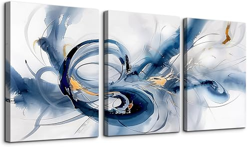 TTHYUEWS Abstract Wall Art For Living Room Canvas Wall Decor For Bedroom Office Decorations Minimalist Art Wall Pictures Blue Abstract Ink Wall Paintings Posters Modern Home Decor Artwork 3 Pieces
