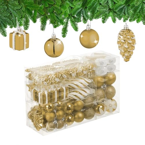 Relaxdays Weihnachtskugeln 72er Set, glitzernde, matte & glänzende Baumkugeln, Stiefel, Herz & Zapfen, Kunststoff, gold