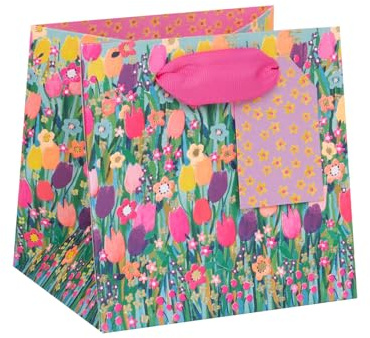 Glick Luxury Gift Bag, Vibrant Colourful Short Tiny Gift Bag, Suitable for Mother's Day and Mums Birthday, Colourful Tulips Design, 13 x 11 x 13.5 cms, Multi-Coloured