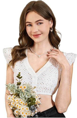 DIRNDLSTERN Dirndlbluse Mujer Blanco – Exclusiva Blusa Dirndl de Manga Corta con Escote en V y diseño Calado para el Oktoberfest