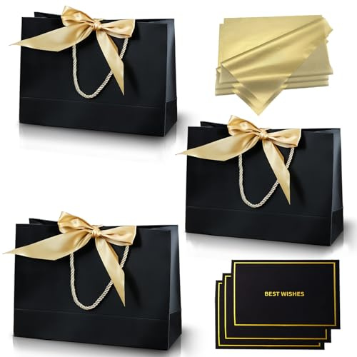 3 piezas Bolsas Regalo Negro,Bolsa de Papel Cumpleaños Medianas con Asa,3 Lazo 3 Tarjeta Felicitación y 6 Pañuelos,Embalaje de Regalo para Cumpleaños,Fiestas,Bodas,Baby Showers,Celebración