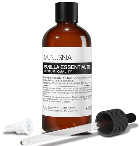 Aceite Esencial Vainilla 100ML, MUNUSNA Aceites Esenciales Naturales Puros para Humidificador Difusor, Aceite de Vainilla para Jabones de Bricolaje, Velas Aromas, Vanilla Oil