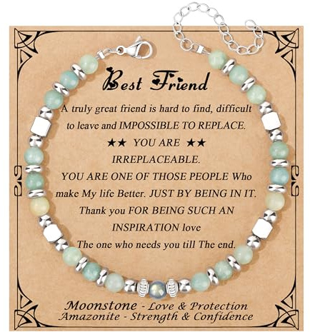JOYELL Best Friend Bracelet for Women Girls, Adjustable Moonstone Friendship Bracelets Inspirational Message Card, Amazonite Stainless Steel Bracelet for Bestie Birthday Graduation Valentines Day Gift