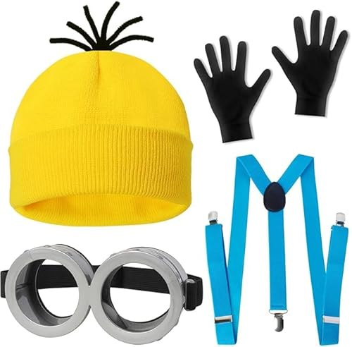 Fartoni 4 Pièces Accessoires Costume Halloween Adultes Et Enfants Lunettes Beanie Jaune Gants Bretelles Cosplay Fête