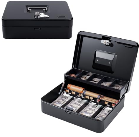 Cash Box with Money Tray and TOP Key & Push-Button Lock, Money Saving Lock Box, Safe Locking Box for Cash Register XL 11.8x9.45x3.54 Black