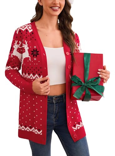 Crewhpo Cárdigan Navidad para Mujer Invierno Chaqueta de Punto Suéter Frente Abierto Jersey Manga Larga Cuello en V Cárdigans con Botones