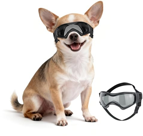 Billionchains Dog Sunglasses for Extra Small Breed UV Protection Windproof XS Dog Goggles with Adjustable Head & Chin Straps for Ride Car/Hiking Travel/On Beach-Black