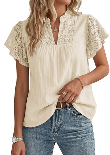 Women's Lace Cotton Elegant Top Henley V Neck Ruffled Sleeve Blouse Ladies Summer Casual Going Out Tops Apricot XL
