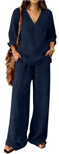 Completo Donna Elegante Estivo Curvy Cotone Lino Tuta Estiva Completa Due Pezzi Camicia + Pantaloni Larghi Tute Estive Taglie Forti Comodo Completi Eleganti Casual Set Coordinati Estivi Casa Spiaggia
