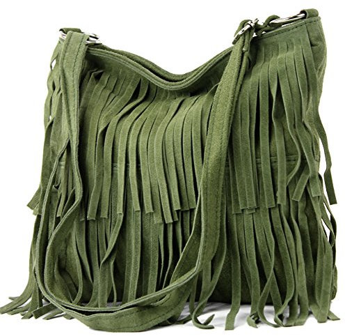 modamoda de T125 Damen Leder Wildleder Schultertasche Umhängetasche handmade in Italy, Farbe:Olivgrün