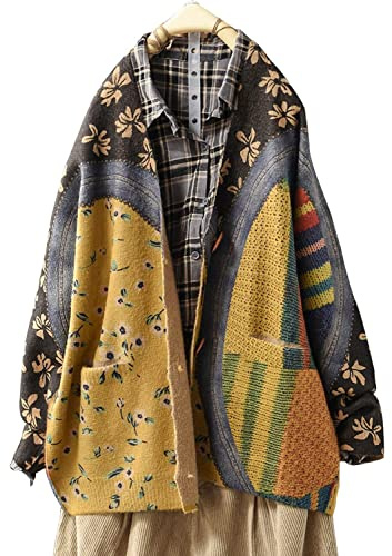 YESNO Women Cardigans Knitted Graphic Long Sleeve Jumpers V-Neck Button Sweaters Tops with Pockets M S01TYP3UK CR110
