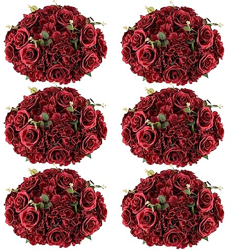 Inweder Red Roses Flowers Balls for Centerpieces: 6 PCS 15.7 Diam Flower Centerpieces for Tables in Wedding Reception Decorations Arrangement for Party Celebration Planners