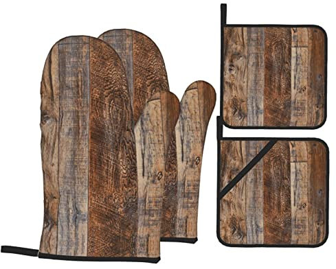 COMAAM Braun Holz Küche Backen Vier Stück Set Topflappen Ofen Handschuhe Für Grill Kochen Und Backen