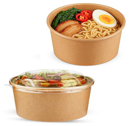 CHEF ROYALE 50x 750ml Kraft Salad Paper Bowls with Lids -Takeaway Bowls for Hot/Cold Food - Leakproof Soup Containers - Carboard Packaging