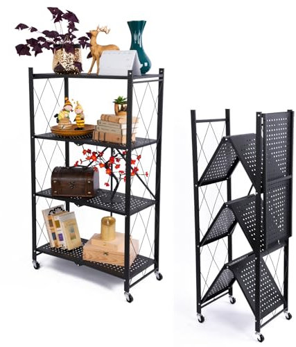STREND PRO Klappbares Regal mit Rollen, 4 Etagen Faltbare Aufbewahrungswagen Einheit, Rädern 200 kg Tragfähigkeit, Lagerregal, Metallregal Schwarz, Klappregal für die Küche, Büro