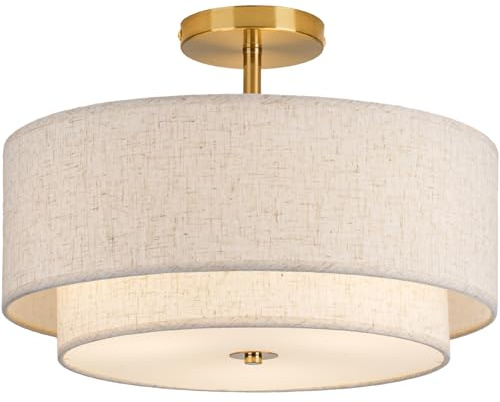 CALOKES 16 Double Drum Gold 3-Light Semi Flush Mount Ceiling Light, Classic Fabric Linen Shade Design for Living Room, Bedroom, Kitchen, Dining Room, Hallway and Entryway