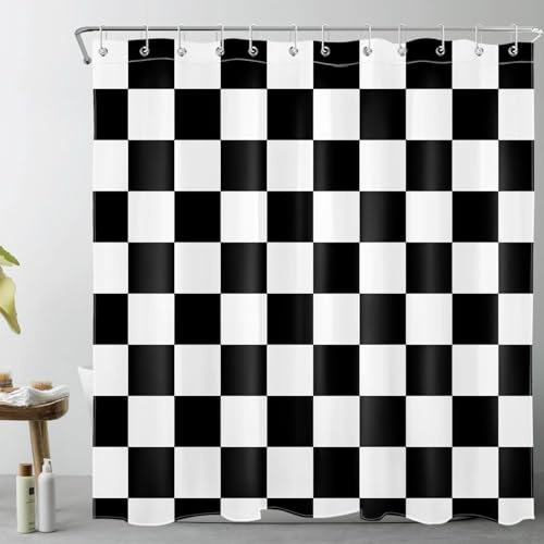 LB Duschdraperi Svart och Vit Pläd Gardiner för Badrum,180x200cm
