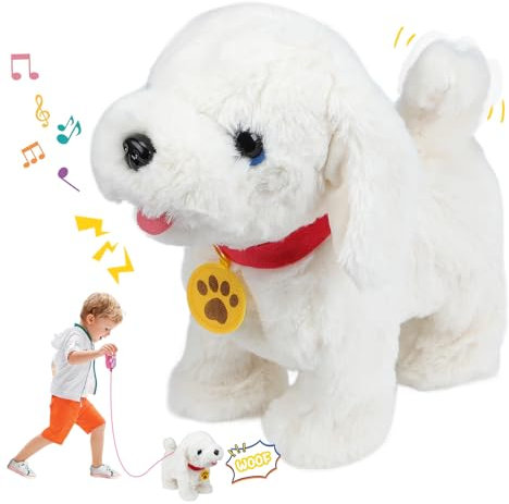 Aceshop Elektrisch Plüsch Hund mit Leine, Kinder Elektronische Haustiere Hund Plüschtier Spielzeug Hund Realistisches Interaktives Spielzeug mit Gehen, Bellen, Schwanzwedeln für Mädchen Junge Geschenk