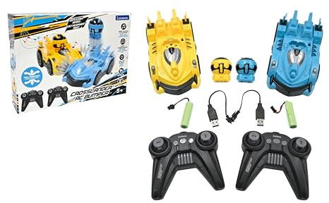 Lexibook, Crosslander RC Bumper, Set mit 2 funkgesteuerten Rennautos, bis zu 12 km/h, 2 abnehmbare Figuren, Sound- und Lichteffekte, Gelb/Blau, RC2