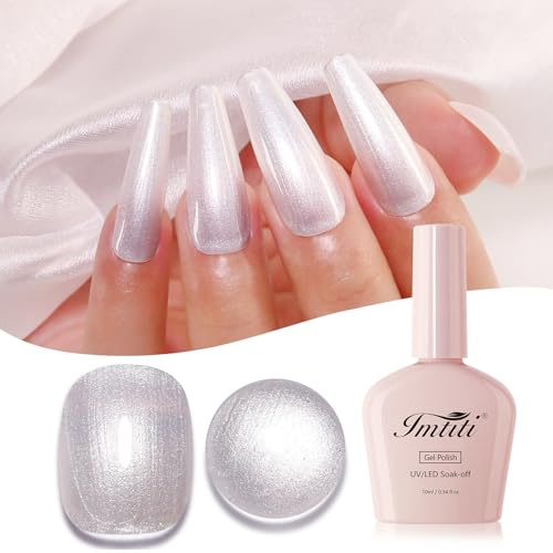 Imtiti Pearl Gel Nail Polish, 10ML White Iridescent Glitter Diamond Shimmer Sparkle Soak Off UV LED Gel for Autumn Winter Manicure Set