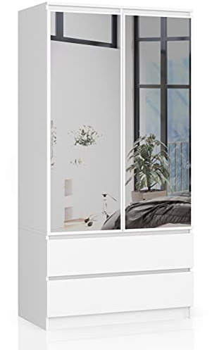 AKORD | Armadio con Specchio S | 90 cm Due Ante | 2 Cassetti con ripiani e Asta Appendiabiti | Mobiletto Cameretta Camera da Letto | Guardaroba | Pannello in laminato 16 mm | Bianco