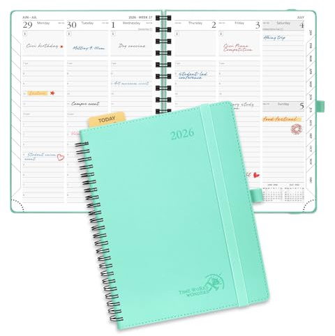 POPRUN 2026 Planner (Medium - 6.5'' x 8.5'') with Hourly Schedule & Vertical Layout - 2026 Weekly Calendar (Jan. 2026 - Dec.2026) for Time Management, Monthly Tabs, Spiral Bound, Soft Cover - Green