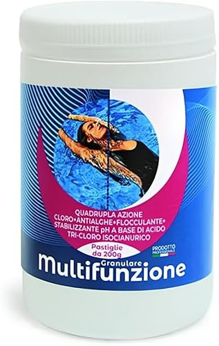 Cloro Multifunzione 6 Azioni 1kg Totale | 5 Pastiglie da 200g per Trattamento Piscina Completo | Battericida | Disinfettante | Alghicida | Flocculante | Stabilizzante pH