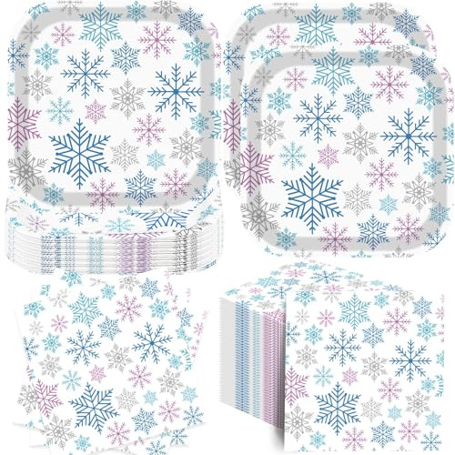 Funnymoom 100 Pcs Winter Christmas Dinnerware Blue Purple Silver Snowflake 7 Inches Disposable Paper Plates and 13 Inches Napkins for Xmas Christmas Birthday Party Supplies Decorations, Serves 50