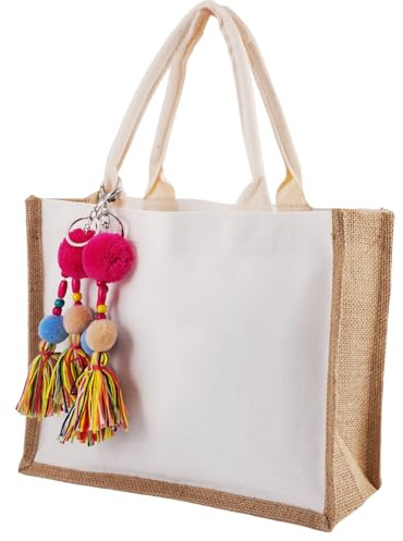 Zykra 33x25x11.5cm Sac Toile Jute Naturel avec 2 Pompons Colorés Décoratifs