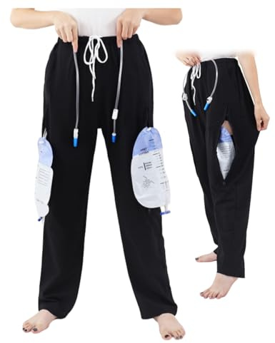 QNZKIOXV Catheter Pants for Men/Women, Urine Leg Bag Holder Pants with Dual Zippered Pockets Holding Two 2000 ml Foley Catheter Bags for Nephrostomy (Black, 3XL)