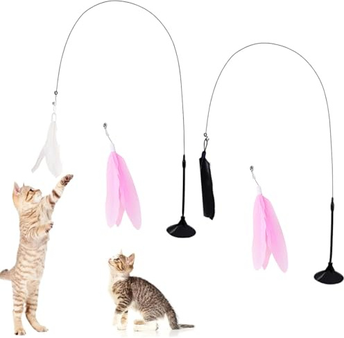 LACHT 2 Ensembles De Jouets Pour Chat En Plumes Avec Ventouses, 4 Plumes Gratuites, Jouet Chat Interactif, Canne À Pêche Pour Chaton, Jouets D'Intérieur Pour Chats,Jouets Intelligence Chat Baguette.