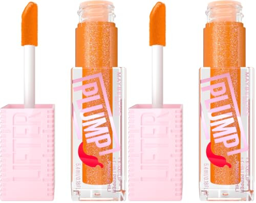 Maybelline New York, Lifter Plump Lip Gloss, Lasting Plump, Heated Formula with Hyaluronic Acid and Chilli Pepper, XL Wand, Vegan Formula, Shade: 008 Hot Honey (Pack of 2)